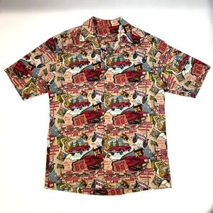 Vintage Route 66 Men Size L Button Down Shirt Map All Over Print Tan Red USA AOP